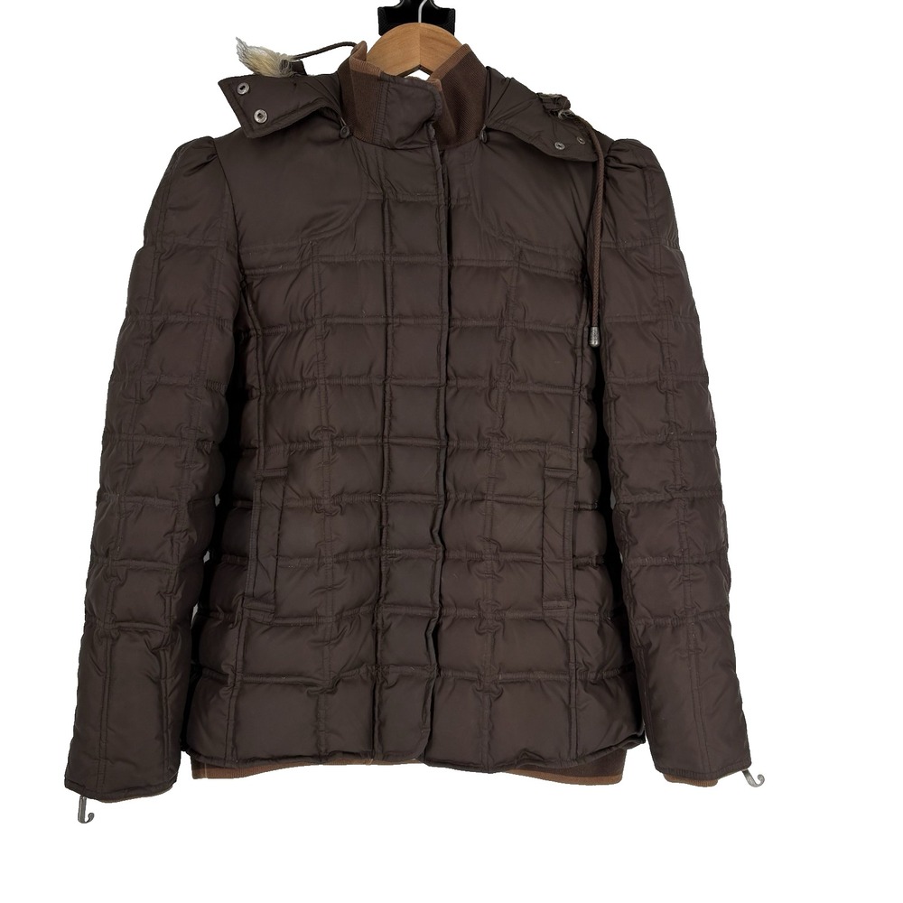 Y2K Juicy Couture Womens Down Puffer Jacket Size Large Brown Hooded Faux Fur‎